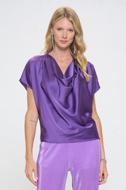 Women's Satin Cowl Neck Short Sleeve Blouse