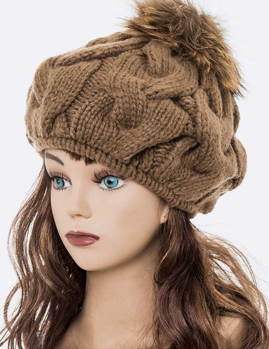 Women's Detachable Pom Pom Cable Knit Beret Beanie