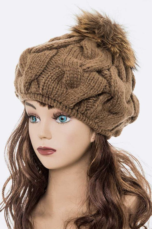 Women's Detachable Pom Pom Cable Knit Beret Beanie