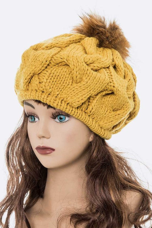 Women's Detachable Pom Pom Cable Knit Beret Beanie