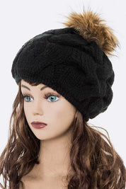 Women's Detachable Pom Pom Cable Knit Beret Beanie