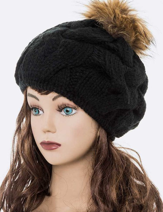 Women's Detachable Pom Pom Cable Knit Beret Beanie