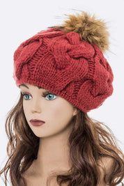 Women's Detachable Pom Pom Cable Knit Beret Beanie