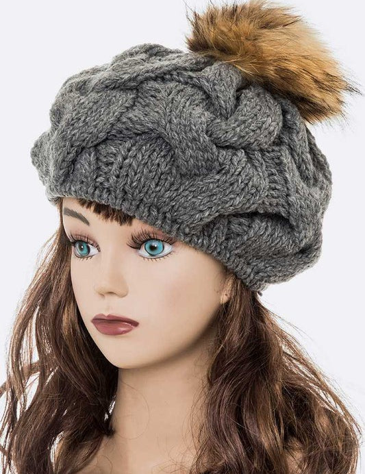 Women's Detachable Pom Pom Cable Knit Beret Beanie