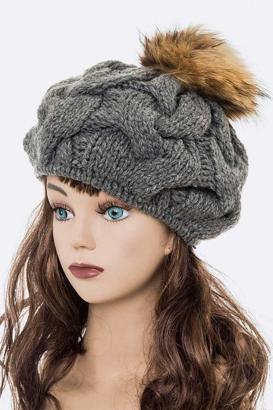 Women's Detachable Pom Pom Cable Knit Beret Beanie