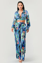 Women's Tropical Print Palazzo Set with Flared Sleeves