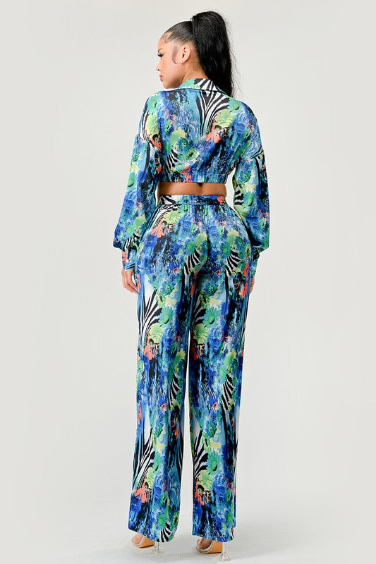 Women's Tropical Print Palazzo Set with Flared Sleeves