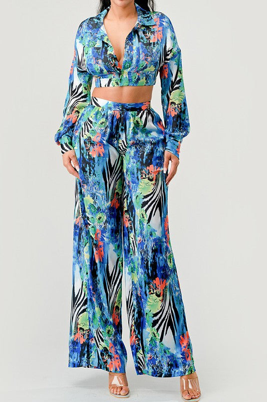 Women's Tropical Print Palazzo Set with Flared Sleeves