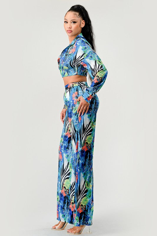 Women's Tropical Print Palazzo Set with Flared Sleeves