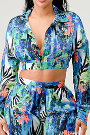 Women's Tropical Print Palazzo Set with Flared Sleeves