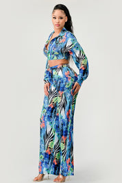 Women's Tropical Print Palazzo Set with Flared Sleeves