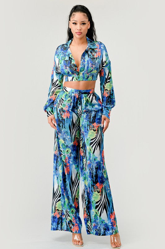 Women's Tropical Print Palazzo Set with Flared Sleeves