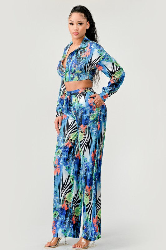 Women's Tropical Print Palazzo Set with Flared Sleeves