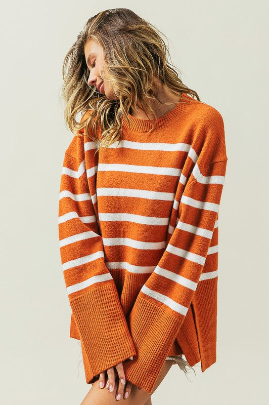 Women's Oversized Ribbed Hem Stripe Sweater