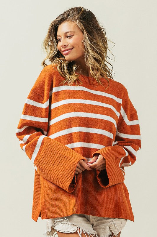 Women's Oversized Ribbed Hem Stripe Sweater