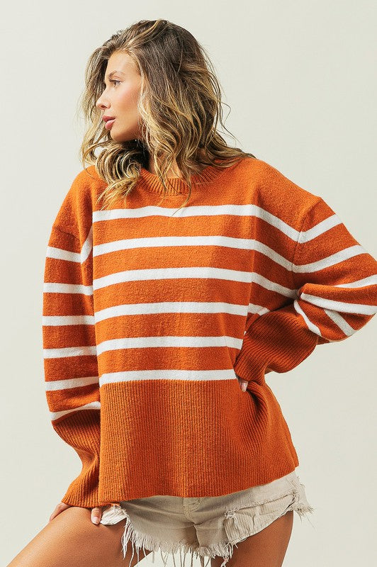 Women's Oversized Ribbed Hem Stripe Sweater