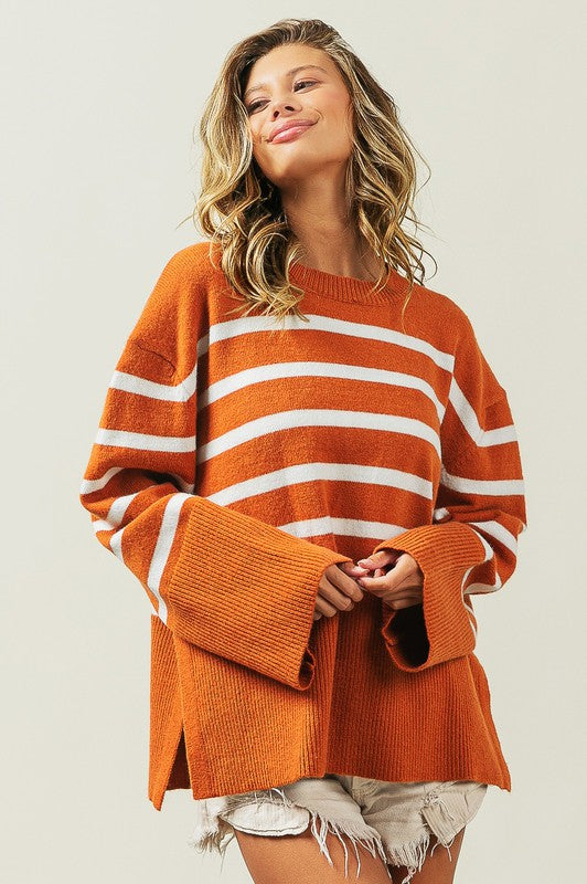 Women's Oversized Ribbed Hem Stripe Sweater