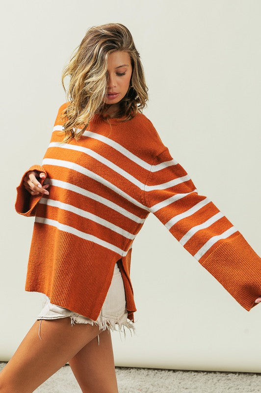 Women's Oversized Ribbed Hem Stripe Sweater