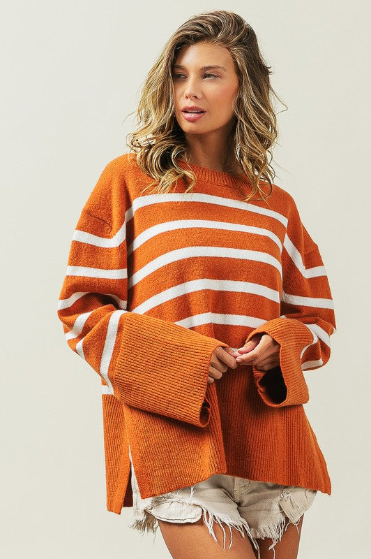 Women's Oversized Ribbed Hem Stripe Sweater