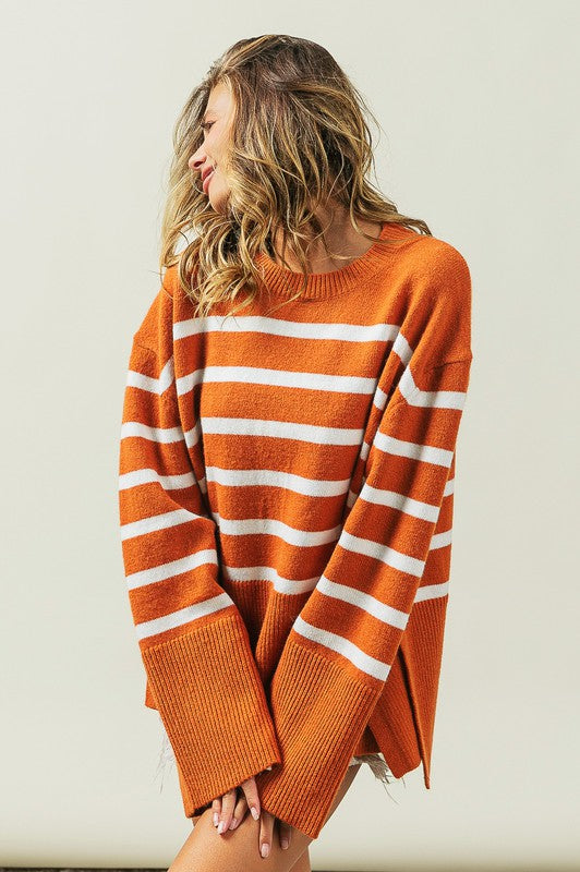 Women's Oversized Ribbed Hem Stripe Sweater