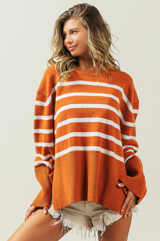 Women's Oversized Ribbed Hem Stripe Sweater