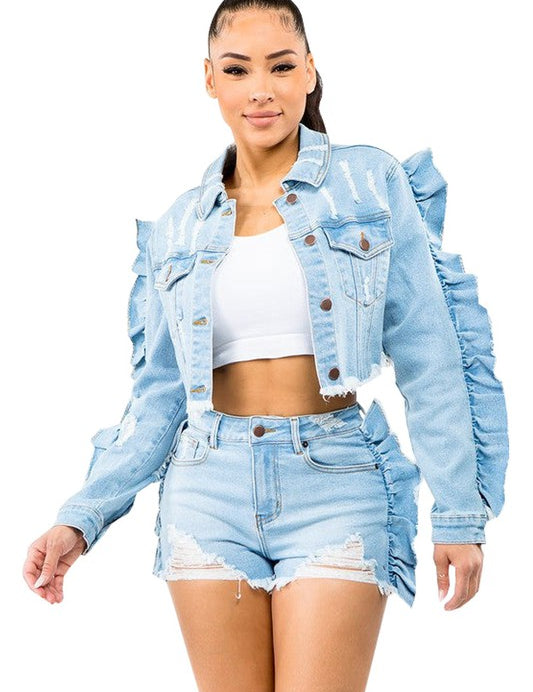 Women's Flounce Sleeve Denim Jacket