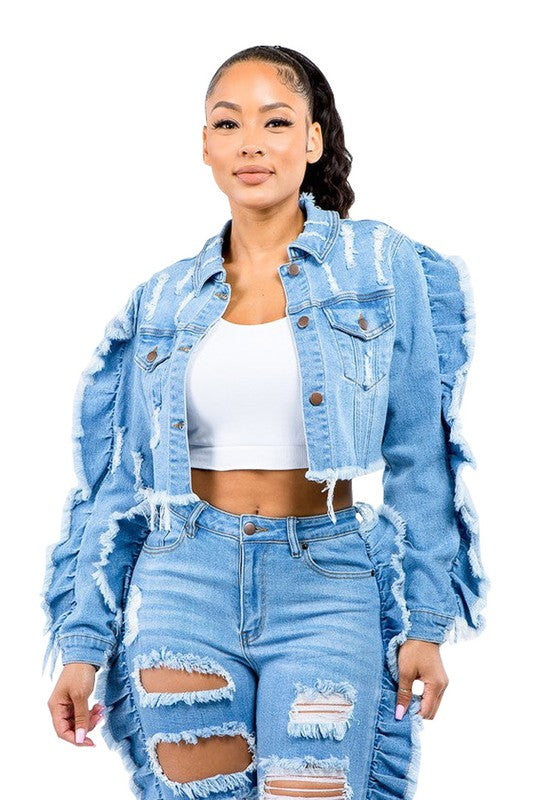 Women's Flounce Sleeve Denim Jacket