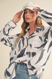 Women's Casual Loose Fit Printed Button-Up Shirt