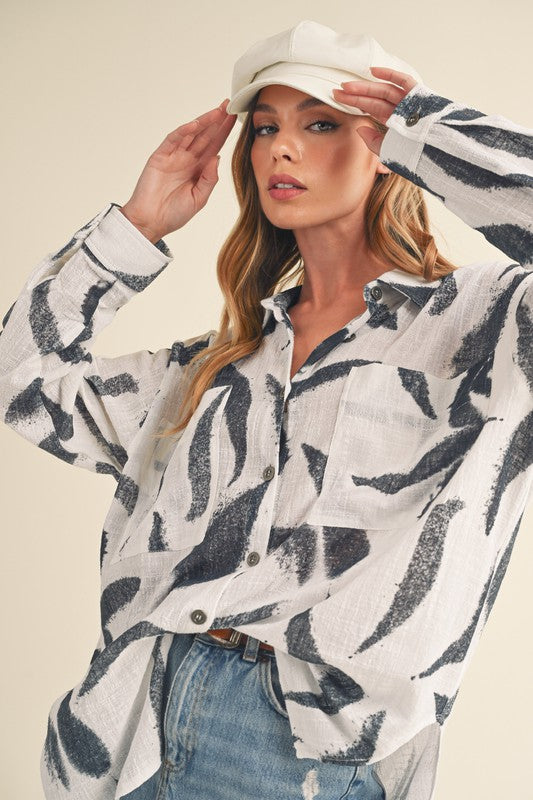 Women's Casual Loose Fit Printed Button-Up Shirt