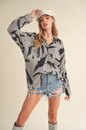 Women's Casual Loose Fit Printed Button-Up Shirt