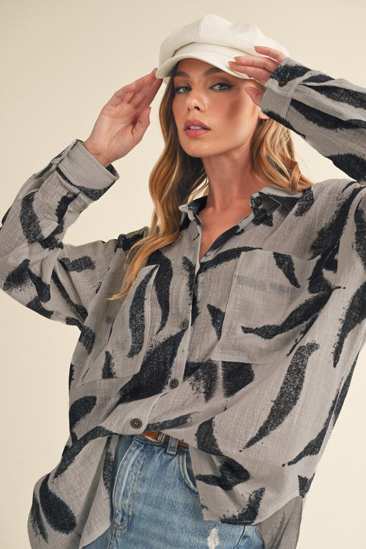 Women's Casual Loose Fit Printed Button-Up Shirt