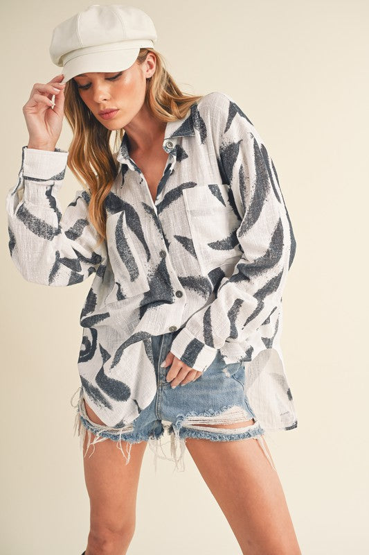 Women's Casual Loose Fit Printed Button-Up Shirt