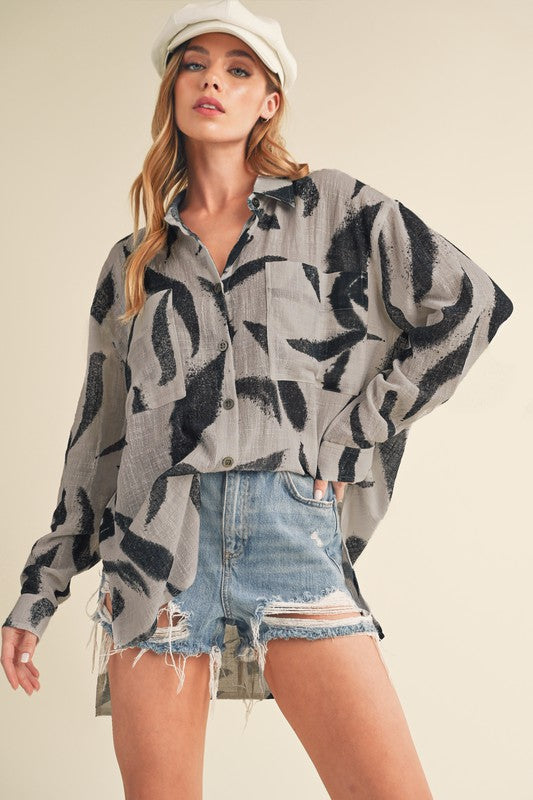 Women's Casual Loose Fit Printed Button-Up Shirt