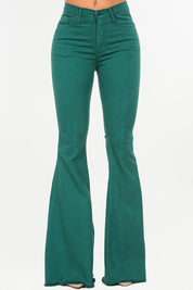 Women's Full Length Stretch Bell Bottom Jeans in Hunter Green