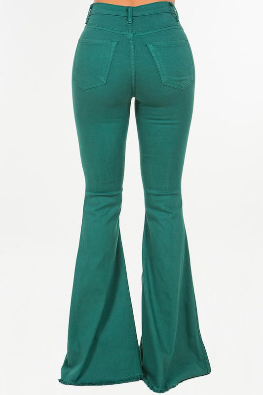 Women's Full Length Stretch Bell Bottom Jeans in Hunter Green