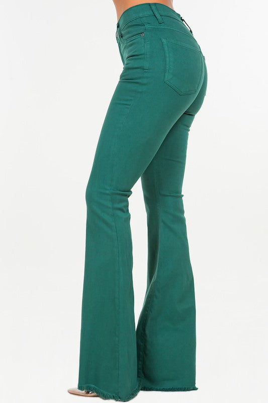 Women's Full Length Stretch Bell Bottom Jeans in Hunter Green