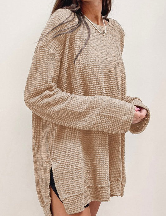 Women's Oversized Waffle Knit Top with Drop Sleeves