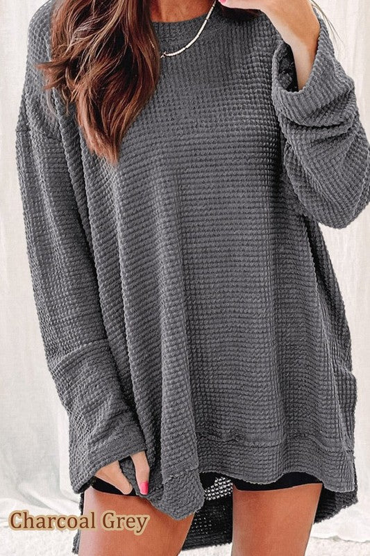 Women's Oversized Waffle Knit Top with Drop Sleeves