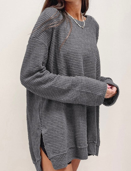 Women's Oversized Waffle Knit Top with Drop Sleeves