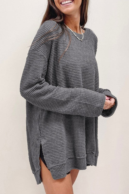 Women's Oversized Waffle Knit Top with Drop Sleeves