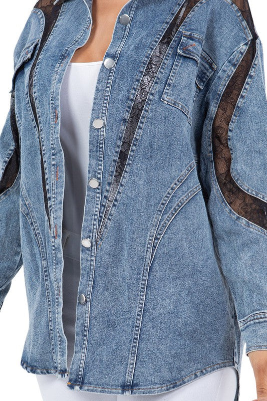 Women's Casual Denim Shirt Jacket with Lace Trim