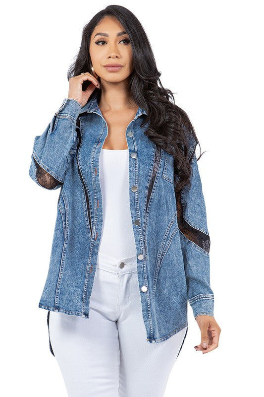 Women's Casual Denim Shirt Jacket with Lace Trim