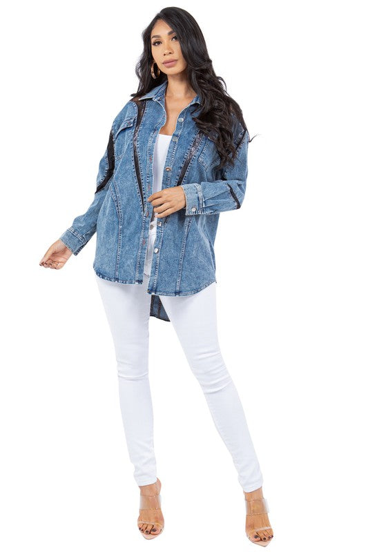 Women's Casual Denim Shirt Jacket with Lace Trim