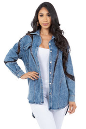 Women's Casual Denim Shirt Jacket with Lace Trim