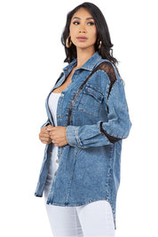 Women's Casual Denim Shirt Jacket with Lace Trim