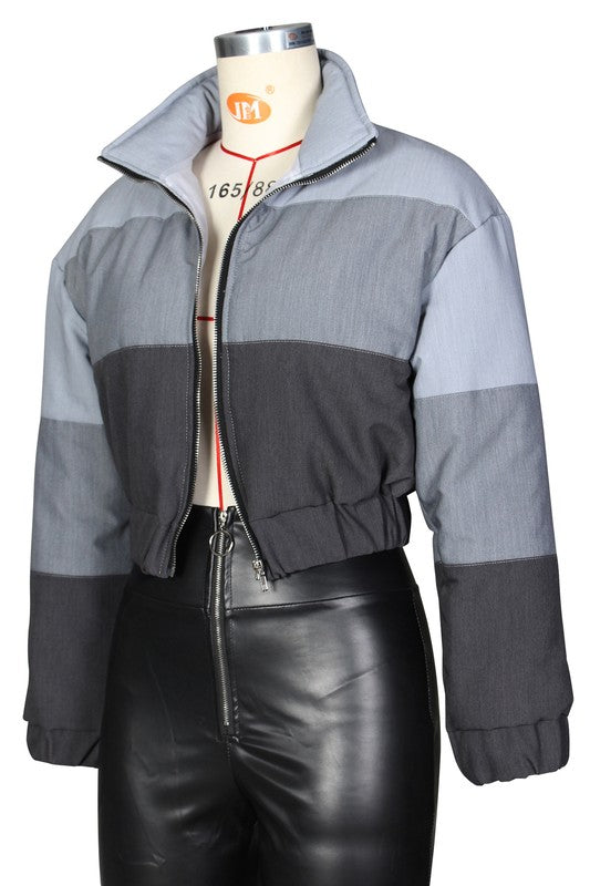 Women's Long Sleeve Multi-Fabric Puffer Jacket