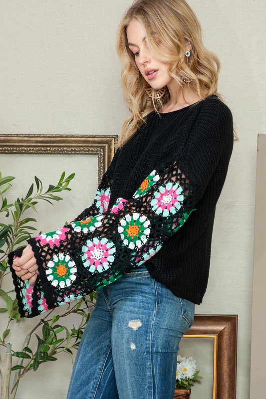 Women's Black Floral Crochet Bell Sleeve Sweater