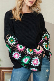 Women's Black Floral Crochet Bell Sleeve Sweater