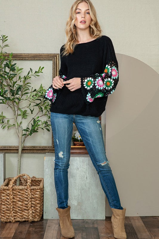 Women's Black Floral Crochet Bell Sleeve Sweater