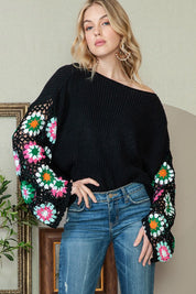 Women's Black Floral Crochet Bell Sleeve Sweater